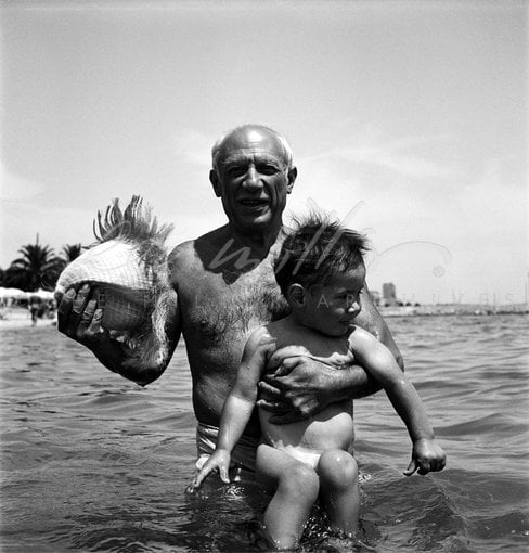 Picasso and his son Claude. Golfe-Juan, France, 1949.